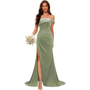 imageOff Shoulder Satin Bridesmaid Dresses for Wedding Long 2025 Mermaid Prom Dresses Pleated Formal Evening Gown with SlitSage