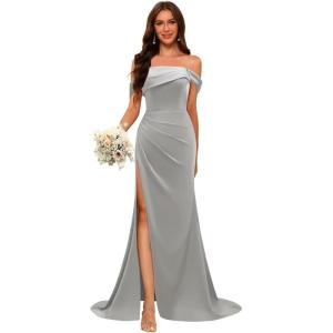 imageOff Shoulder Satin Bridesmaid Dresses for Wedding Long 2025 Mermaid Prom Dresses Pleated Formal Evening Gown with SlitSilver