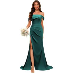 imageOff Shoulder Satin Bridesmaid Dresses for Wedding Long 2025 Mermaid Prom Dresses Pleated Formal Evening Gown with SlitTeal