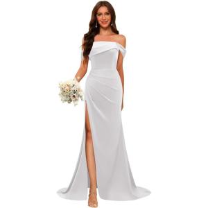 imageOff Shoulder Satin Bridesmaid Dresses for Wedding Long 2025 Mermaid Prom Dresses Pleated Formal Evening Gown with SlitWhite