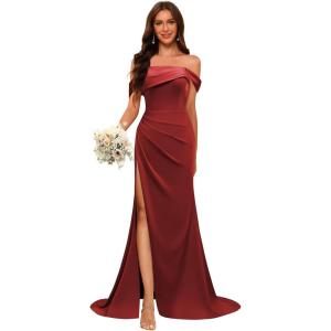 imageOff Shoulder Satin Bridesmaid Dresses for Wedding Long 2025 Mermaid Prom Dresses Pleated Formal Evening Gown with SlitWine Red