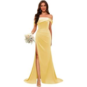 imageOff Shoulder Satin Bridesmaid Dresses for Wedding Long 2025 Mermaid Prom Dresses Pleated Formal Evening Gown with SlitYellow