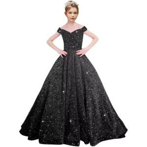imageOff Shoulder Sequin Flower Girl Dresses for Wedding Sparkly Pageant Dresses Ball Gown Princess Kids Toddler DressBlack