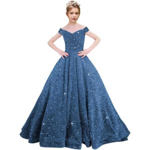 imageOff Shoulder Sequin Flower Girl Dresses for Wedding Sparkly Pageant Dresses Ball Gown Princess Kids Toddler DressBlue