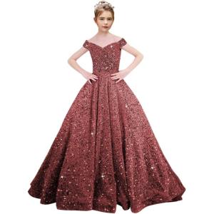 imageOff Shoulder Sequin Flower Girl Dresses for Wedding Sparkly Pageant Dresses Ball Gown Princess Kids Toddler DressBurgundy
