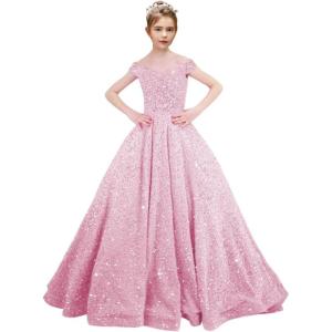 imageOff Shoulder Sequin Flower Girl Dresses for Wedding Sparkly Pageant Dresses Ball Gown Princess Kids Toddler DressDusty Pink