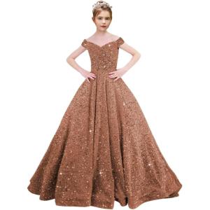 imageOff Shoulder Sequin Flower Girl Dresses for Wedding Sparkly Pageant Dresses Ball Gown Princess Kids Toddler DressDusty Rose