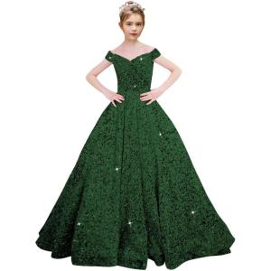 imageOff Shoulder Sequin Flower Girl Dresses for Wedding Sparkly Pageant Dresses Ball Gown Princess Kids Toddler DressEmerald Green