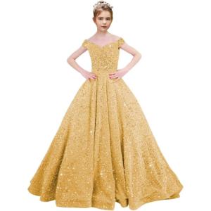 imageOff Shoulder Sequin Flower Girl Dresses for Wedding Sparkly Pageant Dresses Ball Gown Princess Kids Toddler DressGold
