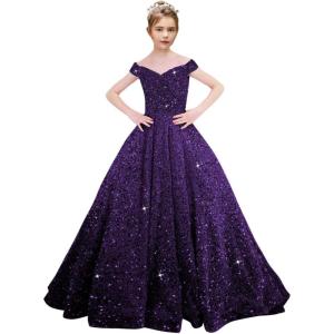 imageOff Shoulder Sequin Flower Girl Dresses for Wedding Sparkly Pageant Dresses Ball Gown Princess Kids Toddler DressGrape