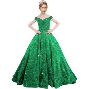 imageOff Shoulder Sequin Flower Girl Dresses for Wedding Sparkly Pageant Dresses Ball Gown Princess Kids Toddler DressGreen