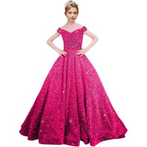 imageOff Shoulder Sequin Flower Girl Dresses for Wedding Sparkly Pageant Dresses Ball Gown Princess Kids Toddler DressHot Pink
