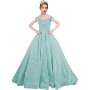 imageOff Shoulder Sequin Flower Girl Dresses for Wedding Sparkly Pageant Dresses Ball Gown Princess Kids Toddler DressIce Blue