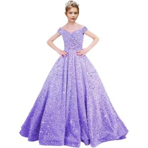 imageOff Shoulder Sequin Flower Girl Dresses for Wedding Sparkly Pageant Dresses Ball Gown Princess Kids Toddler DressLavender