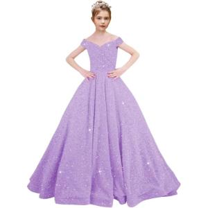 imageOff Shoulder Sequin Flower Girl Dresses for Wedding Sparkly Pageant Dresses Ball Gown Princess Kids Toddler DressLilac