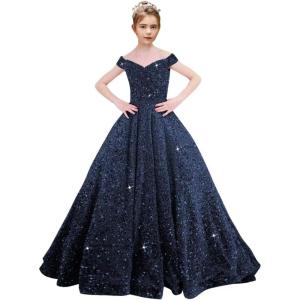 imageOff Shoulder Sequin Flower Girl Dresses for Wedding Sparkly Pageant Dresses Ball Gown Princess Kids Toddler DressNavy Blue
