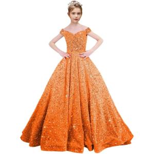 imageOff Shoulder Sequin Flower Girl Dresses for Wedding Sparkly Pageant Dresses Ball Gown Princess Kids Toddler DressOrange
