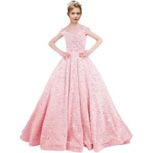 imageOff Shoulder Sequin Flower Girl Dresses for Wedding Sparkly Pageant Dresses Ball Gown Princess Kids Toddler DressPink