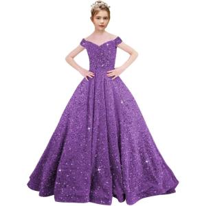 imageOff Shoulder Sequin Flower Girl Dresses for Wedding Sparkly Pageant Dresses Ball Gown Princess Kids Toddler DressPurple