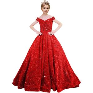 imageOff Shoulder Sequin Flower Girl Dresses for Wedding Sparkly Pageant Dresses Ball Gown Princess Kids Toddler DressRed