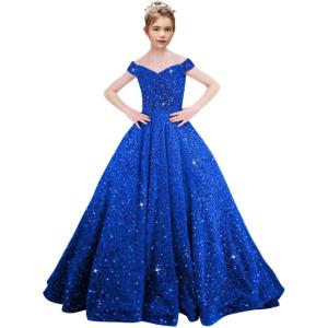 imageOff Shoulder Sequin Flower Girl Dresses for Wedding Sparkly Pageant Dresses Ball Gown Princess Kids Toddler DressRoyal Blue