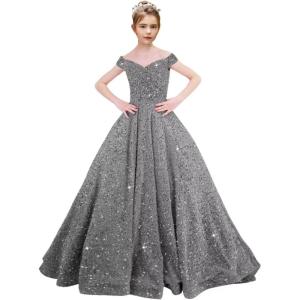 imageOff Shoulder Sequin Flower Girl Dresses for Wedding Sparkly Pageant Dresses Ball Gown Princess Kids Toddler DressSilver