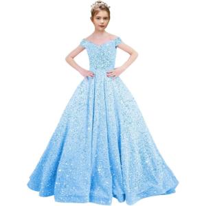 imageOff Shoulder Sequin Flower Girl Dresses for Wedding Sparkly Pageant Dresses Ball Gown Princess Kids Toddler DressSky Blue