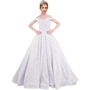 imageOff Shoulder Sequin Flower Girl Dresses for Wedding Sparkly Pageant Dresses Ball Gown Princess Kids Toddler DressWhite