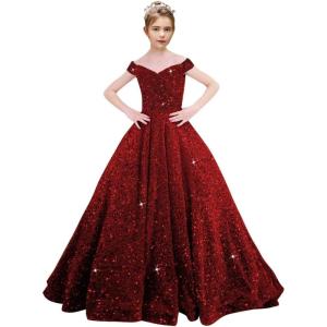 imageOff Shoulder Sequin Flower Girl Dresses for Wedding Sparkly Pageant Dresses Ball Gown Princess Kids Toddler DressWine Red