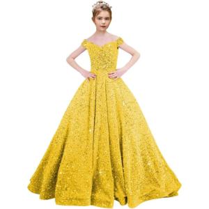 imageOff Shoulder Sequin Flower Girl Dresses for Wedding Sparkly Pageant Dresses Ball Gown Princess Kids Toddler DressYellow