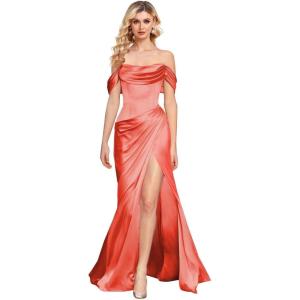 imageOff The Shoulder Mermaid Prom Dresses for Women Satin Silk Ruched Wrap Formal Evening Gowns with SlitCoral
