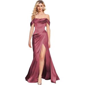 imageOff The Shoulder Mermaid Prom Dresses for Women Satin Silk Ruched Wrap Formal Evening Gowns with SlitDerset Rose