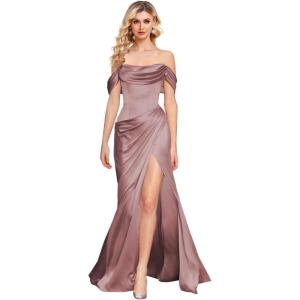 imageOff The Shoulder Mermaid Prom Dresses for Women Satin Silk Ruched Wrap Formal Evening Gowns with SlitDusty Rose