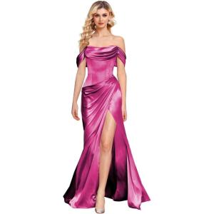imageOff The Shoulder Mermaid Prom Dresses for Women Satin Silk Ruched Wrap Formal Evening Gowns with SlitFuchsia