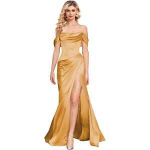 imageOff The Shoulder Mermaid Prom Dresses for Women Satin Silk Ruched Wrap Formal Evening Gowns with SlitGold
