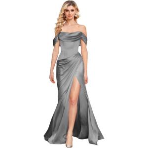 imageOff The Shoulder Mermaid Prom Dresses for Women Satin Silk Ruched Wrap Formal Evening Gowns with SlitGrey
