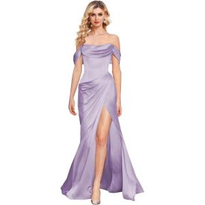 imageOff The Shoulder Mermaid Prom Dresses for Women Satin Silk Ruched Wrap Formal Evening Gowns with SlitLavender