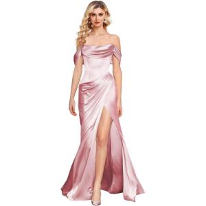 imageOff The Shoulder Mermaid Prom Dresses for Women Satin Silk Ruched Wrap Formal Evening Gowns with SlitPink