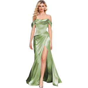 imageOff The Shoulder Mermaid Prom Dresses for Women Satin Silk Ruched Wrap Formal Evening Gowns with SlitSage