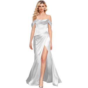 imageOff The Shoulder Mermaid Prom Dresses for Women Satin Silk Ruched Wrap Formal Evening Gowns with SlitWhite