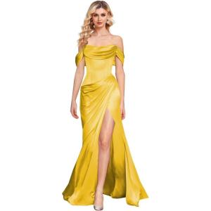 imageOff The Shoulder Mermaid Prom Dresses for Women Satin Silk Ruched Wrap Formal Evening Gowns with SlitYellow