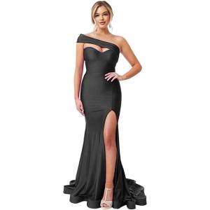 imageOne Shoulder Bridesmaid Dresses Long 2025 Mermaid Satin Prom Dress Stretchy Bodycon Formal Gowns for Wedding with SlitBlack