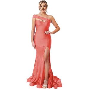 imageOne Shoulder Bridesmaid Dresses Long 2025 Mermaid Satin Prom Dress Stretchy Bodycon Formal Gowns for Wedding with SlitCoral