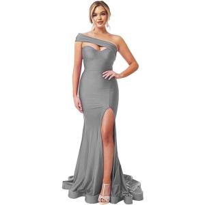 imageOne Shoulder Bridesmaid Dresses Long 2025 Mermaid Satin Prom Dress Stretchy Bodycon Formal Gowns for Wedding with SlitGrey