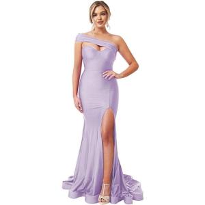 imageOne Shoulder Bridesmaid Dresses Long 2025 Mermaid Satin Prom Dress Stretchy Bodycon Formal Gowns for Wedding with SlitLavender