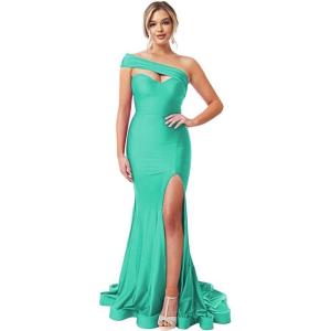 imageOne Shoulder Bridesmaid Dresses Long 2025 Mermaid Satin Prom Dress Stretchy Bodycon Formal Gowns for Wedding with SlitTurquoise