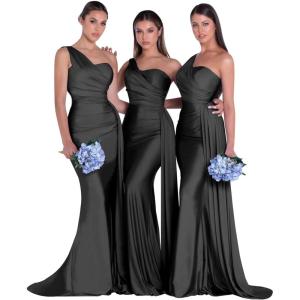imageOne Shoulder Mermaid Bridesmaid Dresses for Wedding Ruched Satin Prom Dress Bodycon Formal Party DressBlack