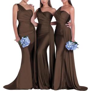 imageOne Shoulder Mermaid Bridesmaid Dresses for Wedding Ruched Satin Prom Dress Bodycon Formal Party DressBrown