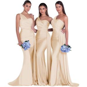 imageOne Shoulder Mermaid Bridesmaid Dresses for Wedding Ruched Satin Prom Dress Bodycon Formal Party DressChampagne
