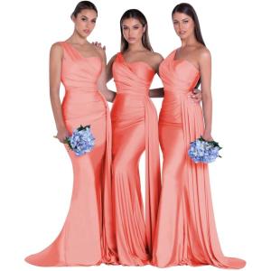 imageOne Shoulder Mermaid Bridesmaid Dresses for Wedding Ruched Satin Prom Dress Bodycon Formal Party DressCoral